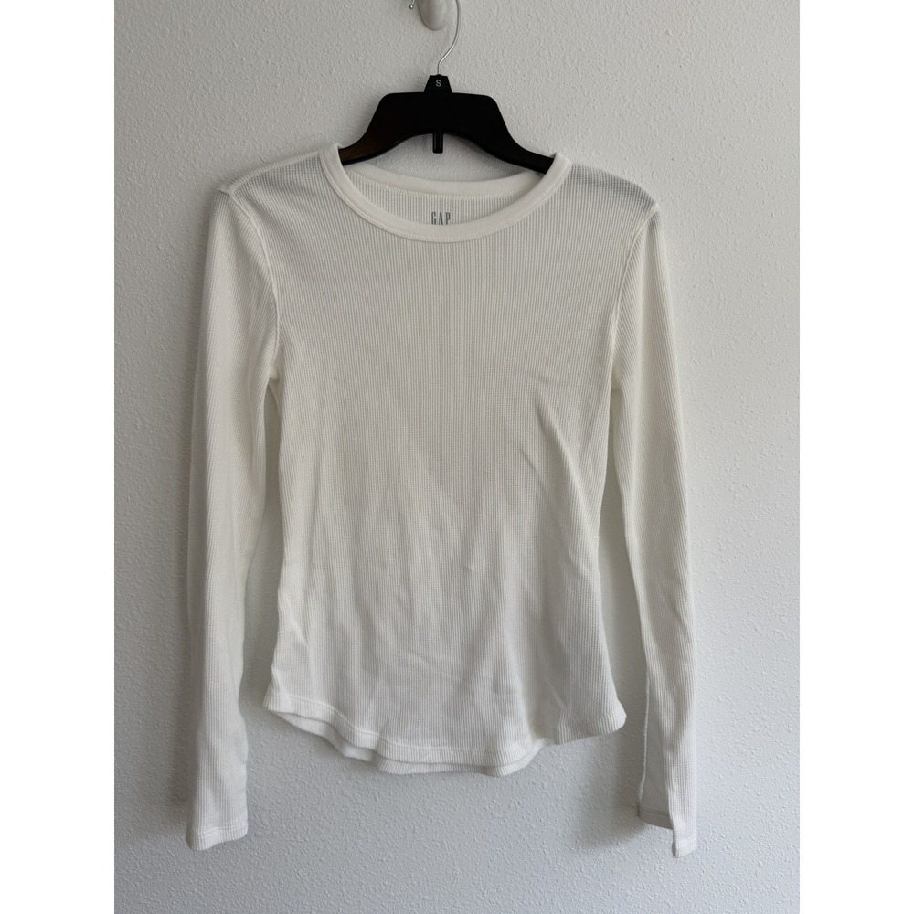 Gap Women T Shirts S White Long Sleeve Waffle Knit Crew Neck